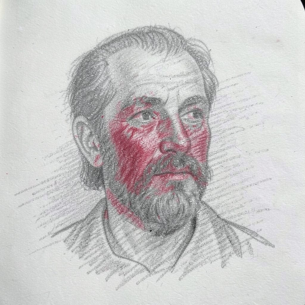 Pencil drawing of an open e-reader device displaying text, warm brown and off-white palette, quiet study mood